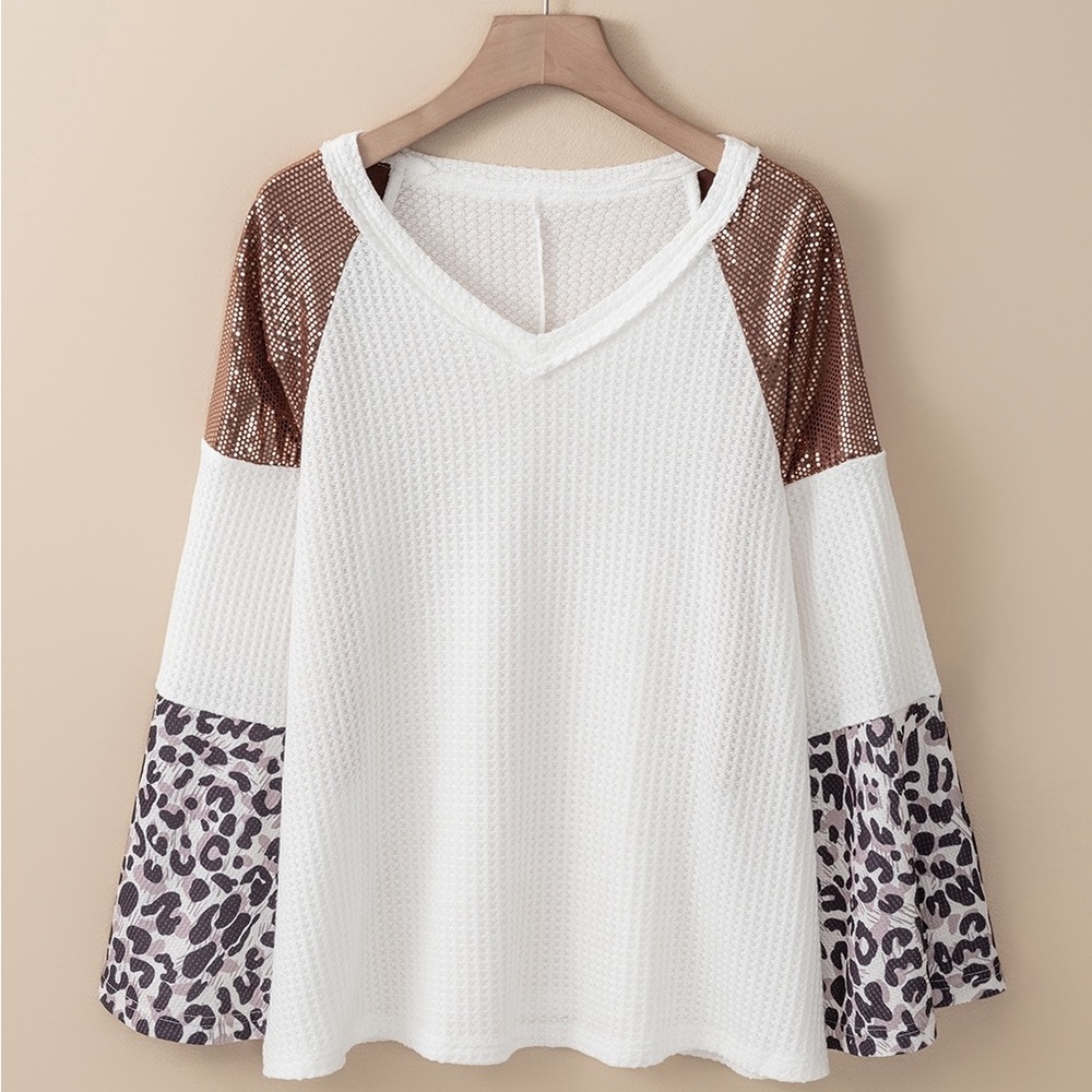 White Sequin Patchwork Bell Sleeve V Neck Tunic Top Bohemian Blouse - Picture 4 of 13